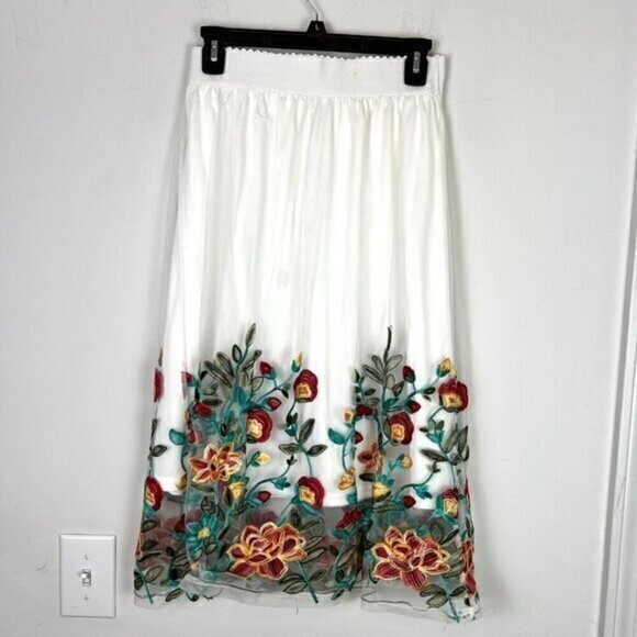 Magic Womens Medium Embroidered Floral Semi Transparent A line Midi Skirt White - Picture 2 of 9